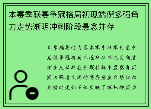 本赛季联赛争冠格局初现端倪多强角力走势渐明冲刺阶段悬念并存